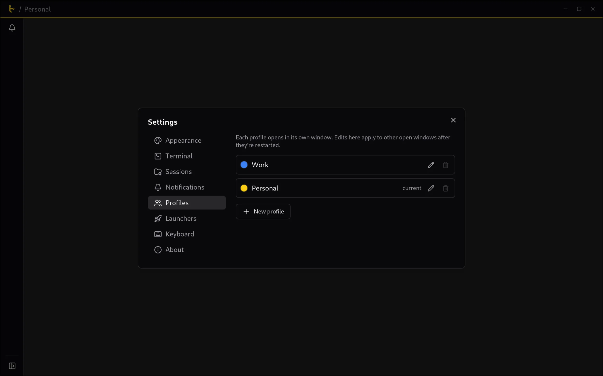 Profiles settings, with each profile having its own accent color